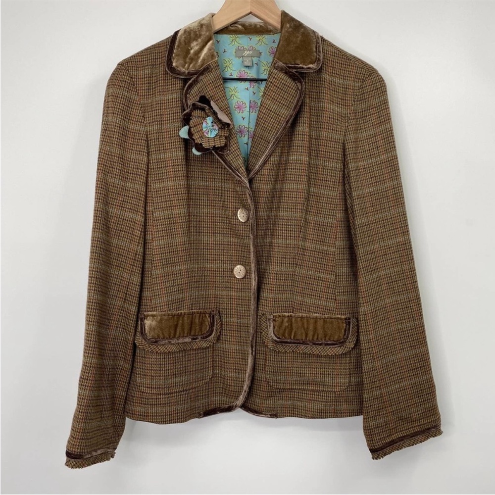 J Jill Wool Blend Brown Plaid Blazer Jacket Womens 4